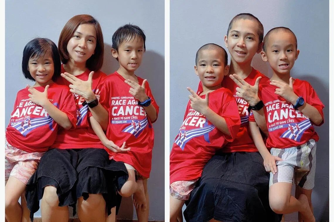 Antz Lee, 43, with her twins Jay Ang (right) and Joy Ang (left) before and after taking part in Kong Hwa School’s Hair for Hope event in 2024. - Photo: Antz Lee