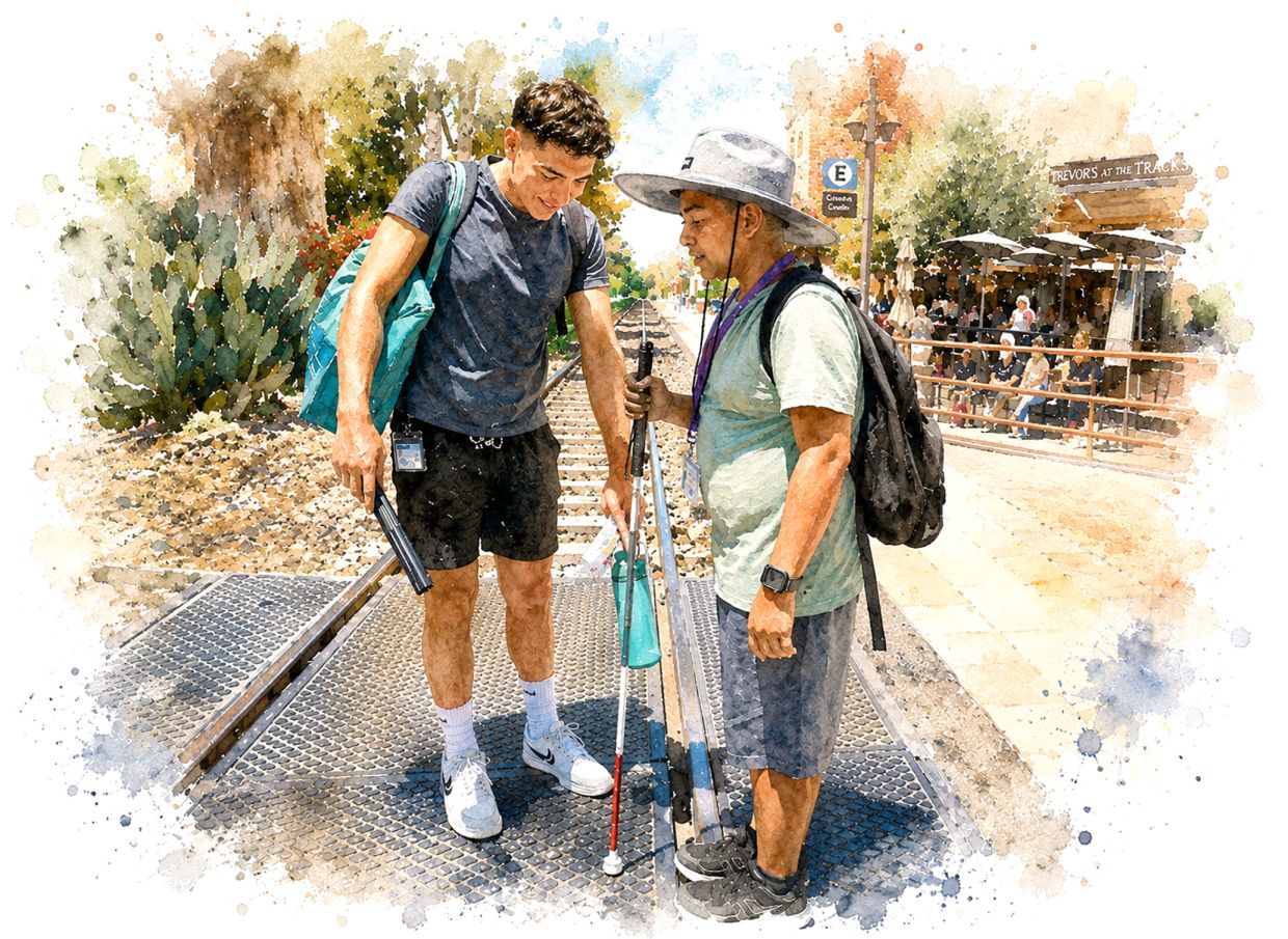  A teacher demonstrates how a visually impaired student can safely use a cane to cross the street. These visuals are human-created, AI-aided. 