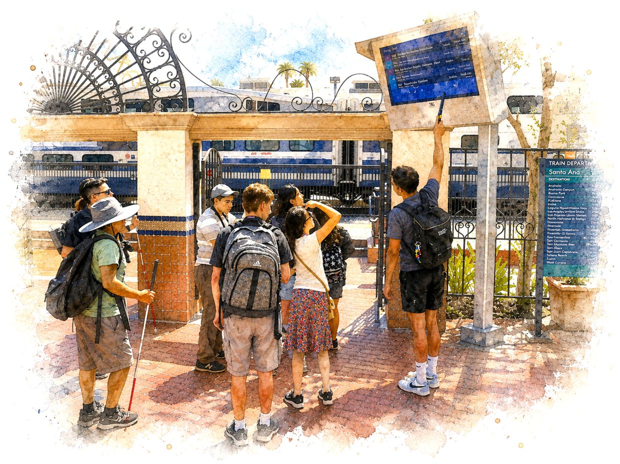  A teacher explains about the Amtrak train schedule to students with visual impairment during the Beyond Blindness Next Steps camp. 