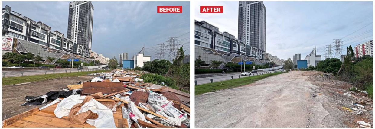 The illegal dumpsite beside the Bukit Jalil Highway in Kuala Lumpur before (left) and after (right) it was cleared on July, 2026.