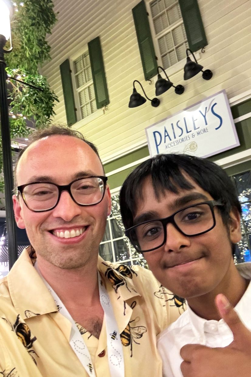 This photo provided by spelling coach Scott Remer shows Remer and his student, Faizan Zaki, on May 31, 2024, the day after Faizan finished second in that year's Scripps National Spelling Bee. (Scott Remer via AP)