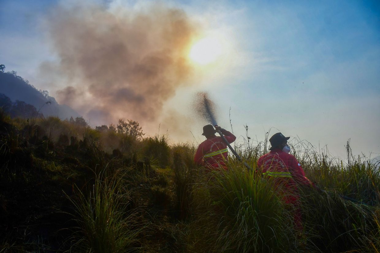 Firefighters battle a fire in the Bromo Tengger Semeru National Park at Ngadas village in Malang, East Java, on Wednesday, August 5, 2026, which has burned approximately 70 hectares over the past three days due to a prolonged dry season. -- Photo by Muhammad FIRMAN / AFP