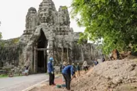 Archaeologists excavate a millennium-old Bakong Temple causeway in Cambodia's Angkor Park