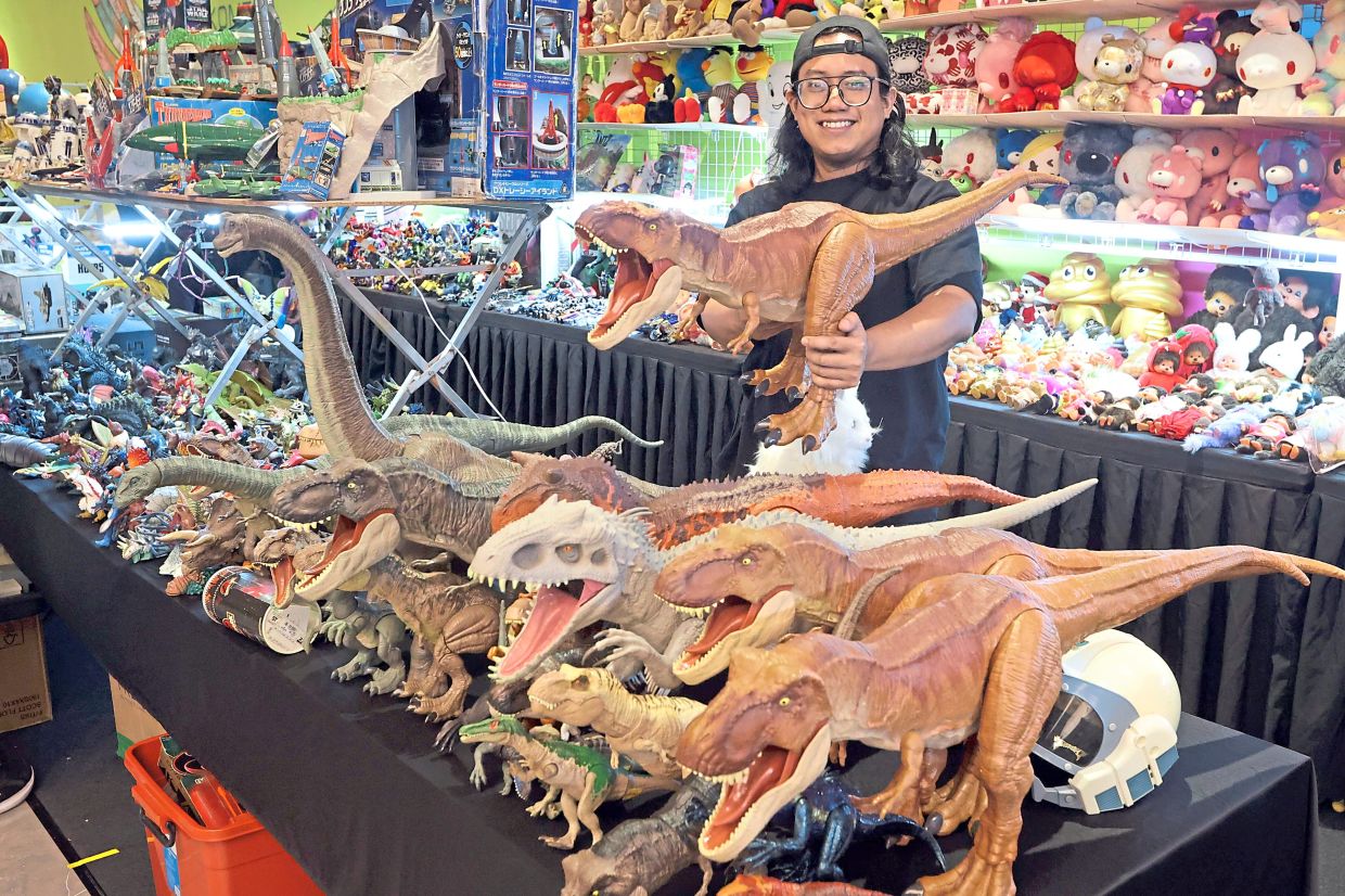 Mohd Fathi Syazwan with his vast collection. Besides dinosaurs, he has figurines of popular childhood shows like Kamen Rider, Godzilla and Ultraman.