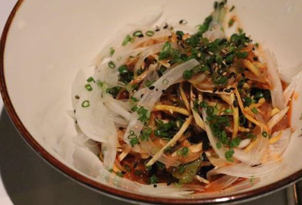 Cold Japchae, refreshing glass noodles tossed in a spicy, sweet and tangy dressing.