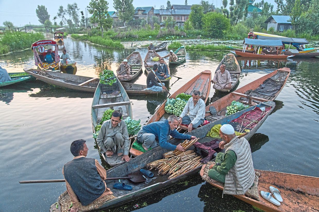 Vanishing livelihood: Kashmiri men selling their produce early in the morning at the floating vegetable market on Dal Lake in Srinagar, Indian Controlled Kashmir. — AP