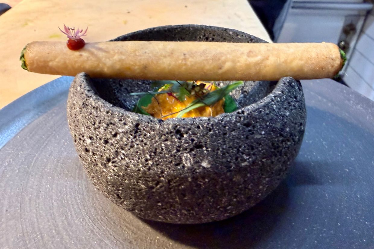 A flauta dish with local Dungeness crab at Californios in San Francisco.