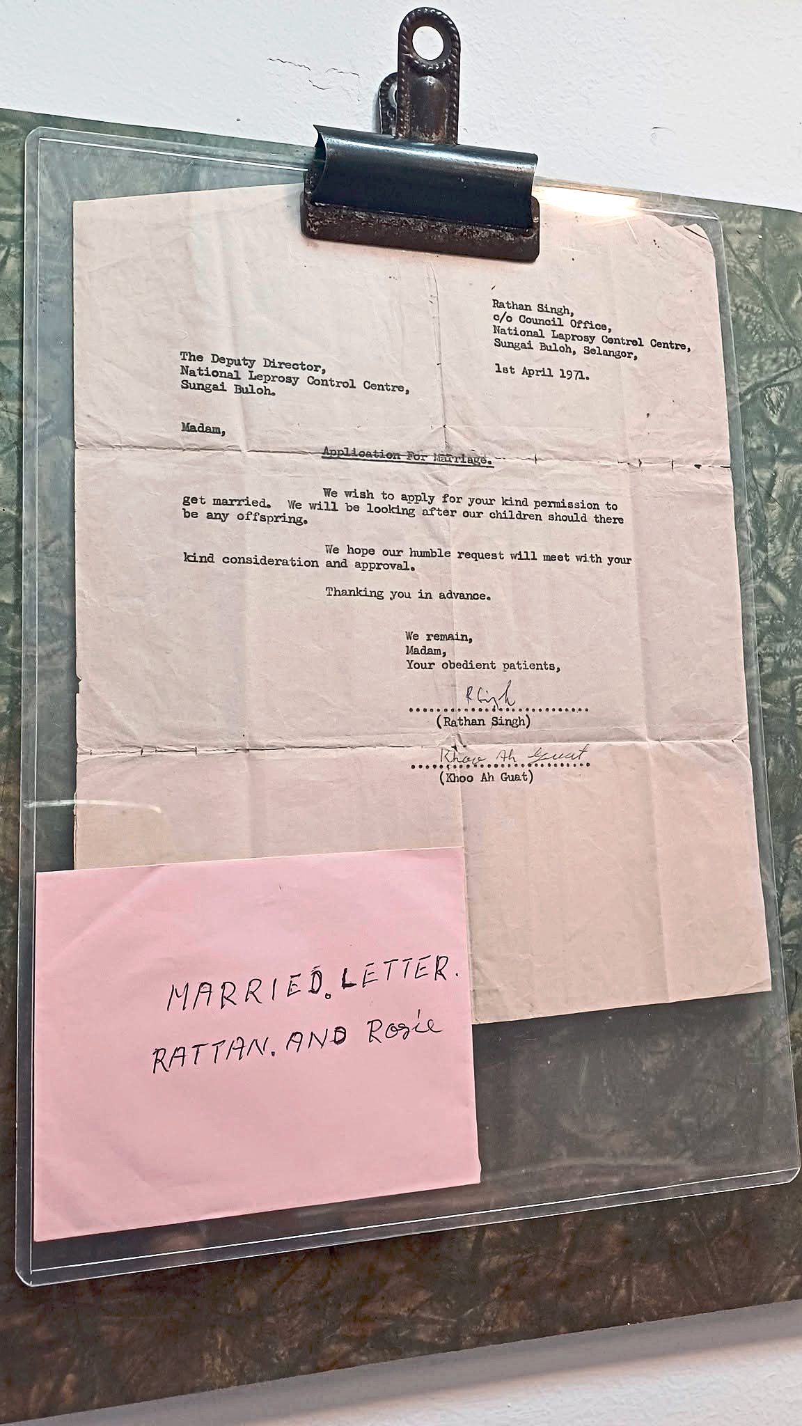 A 1971 letter from a couple at the National Leprosy Central Centre in Sungai Buloh, Selangor, seeking permission to marry. Photo: Papan Haus