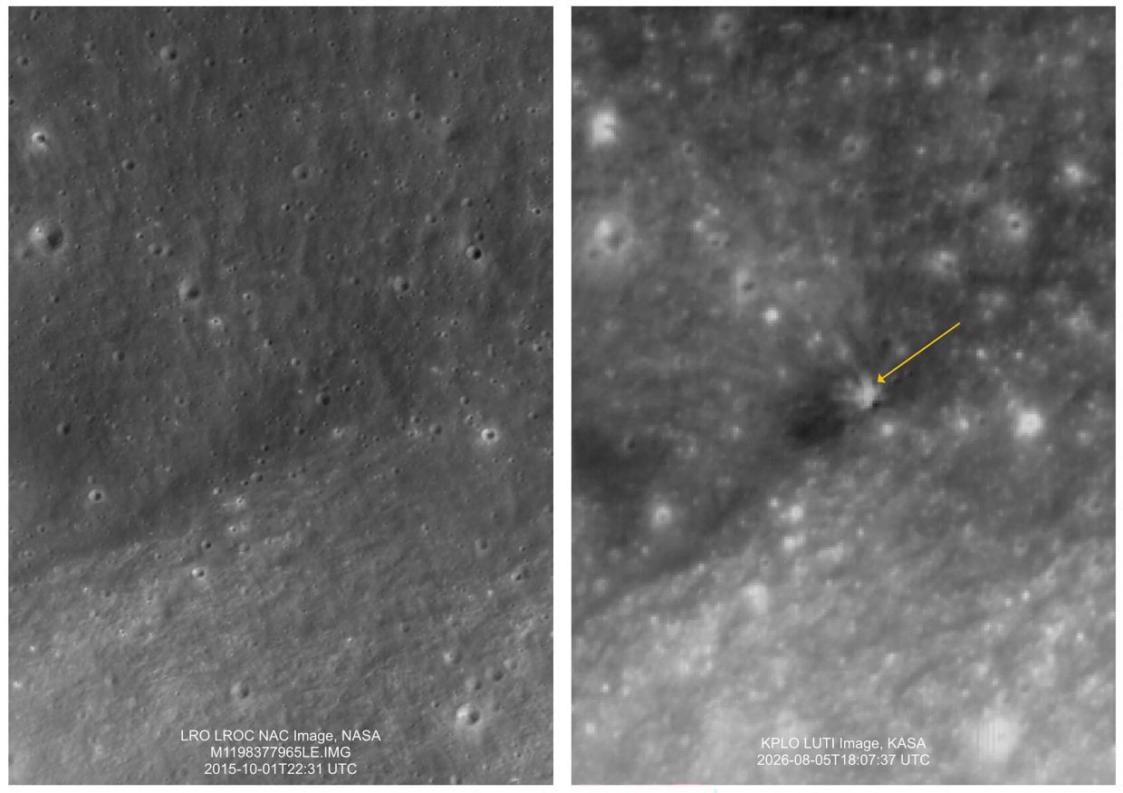 A combo satellite images showing the surface of the moon before and after the collision: 2015 shot captured by Nasa's Lunar Reconnaissance Orbiter (left) and the shot by Danuri on Aug 5, 2026 (right). Photos: Handout / Korean AeroSpace Administration / AFP
