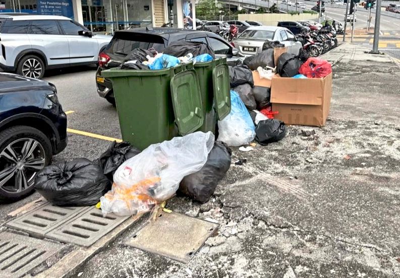 Overflowing rubbish bins in the commercial area.