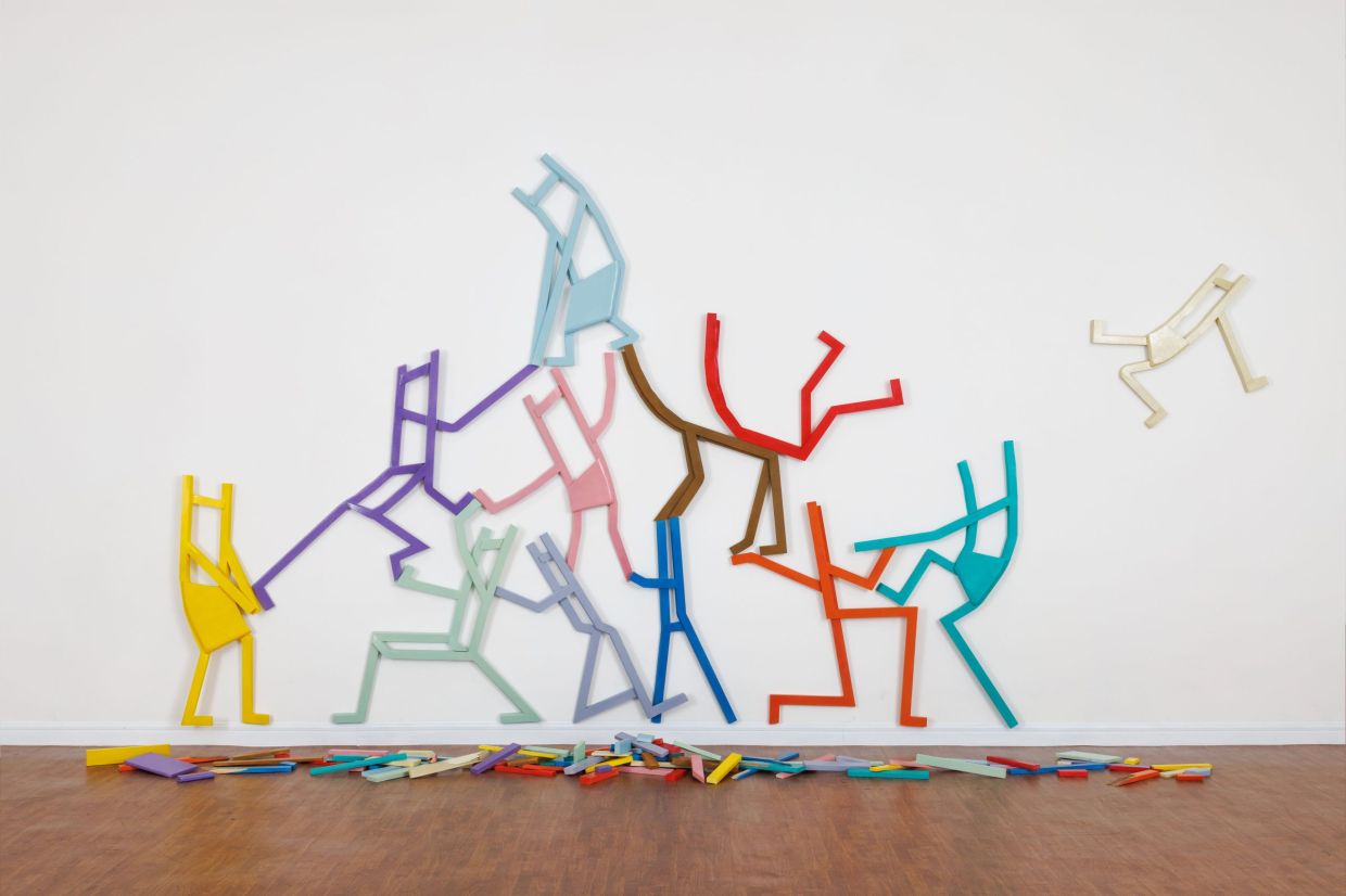 Farhan Rizuwan’s 2026 artwork 'Chairacters', a wall installation made from meranti wood. Photo: Atma Contemporary