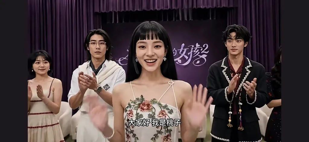 Virtual actress Fang, front, appears alongside fellow AI cast members to promote the hit series “The Laid-off Girl.” - Photo: 21jinji.com
