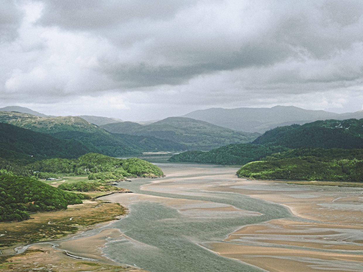 The Mawddach Estuary is seen from a viewpoint above Barmouth in Wales.