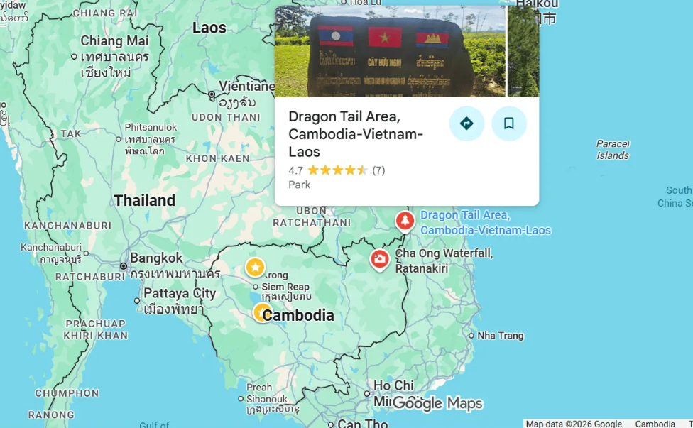 An image of the Dragon’s Tail area, or the tri-border point where Cambodia, Laos and Vietnam meet. - Google Maps