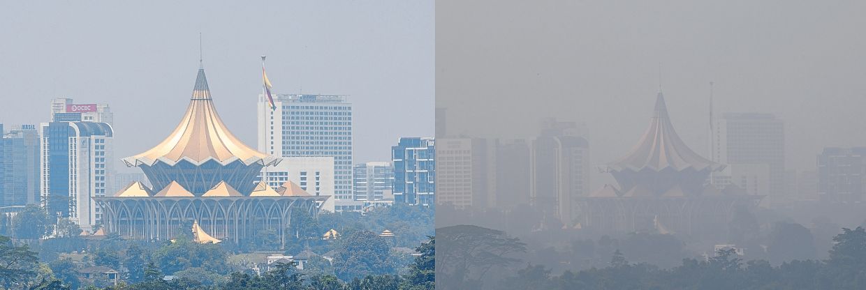 Smoky skies: Hazy conditions over Kuching at 12.48pm on Aug 7 (left), and at 5.40pm yesterday (right). — ZULAZHAR SHEBLEE/The Star