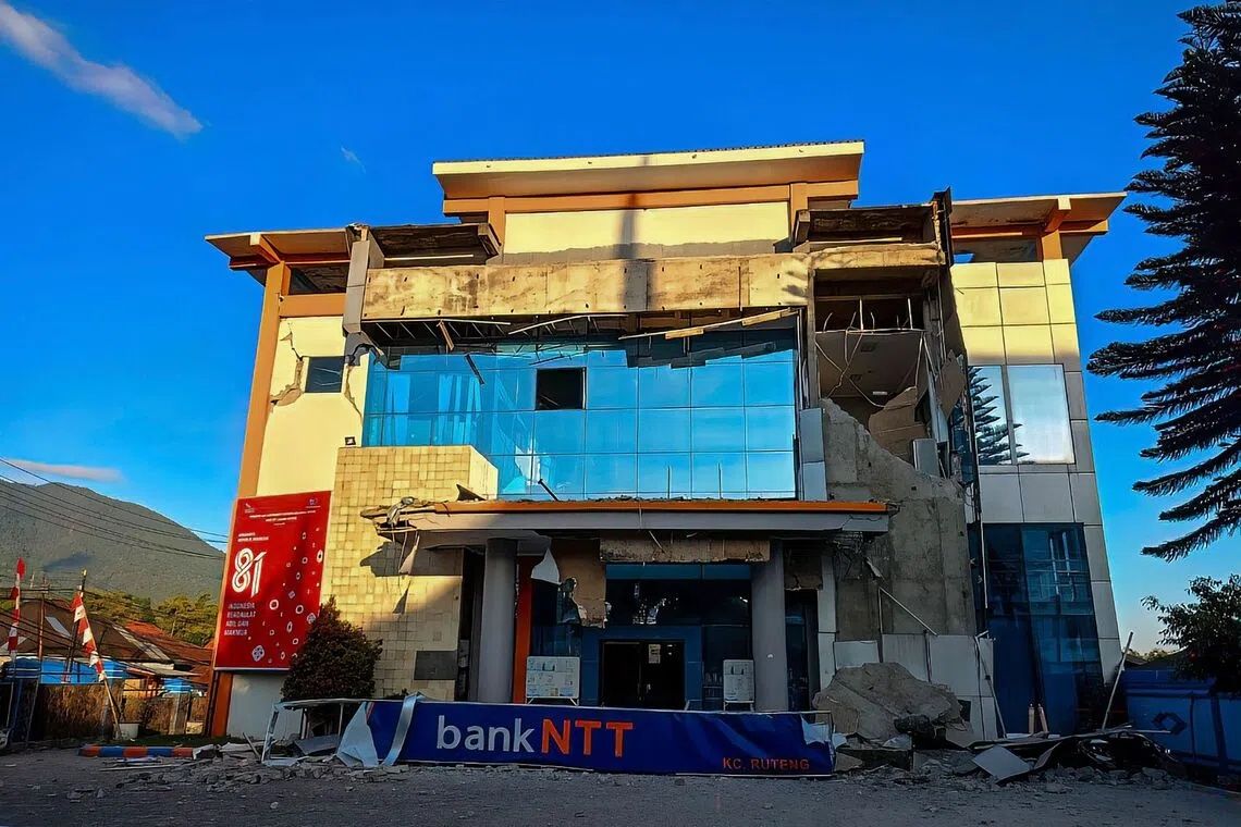 A damaged building in the aftermath of a 7.0-magnitude earthquake in Ruteng, Manggarai, East Nusa Tenggara, on Saturday (Aug 15). -- PHOTO: AFP