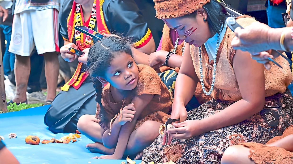 A young Orang Asal participant watching a traditional betel nut-cutting demonstration during PHOAS 2026. 