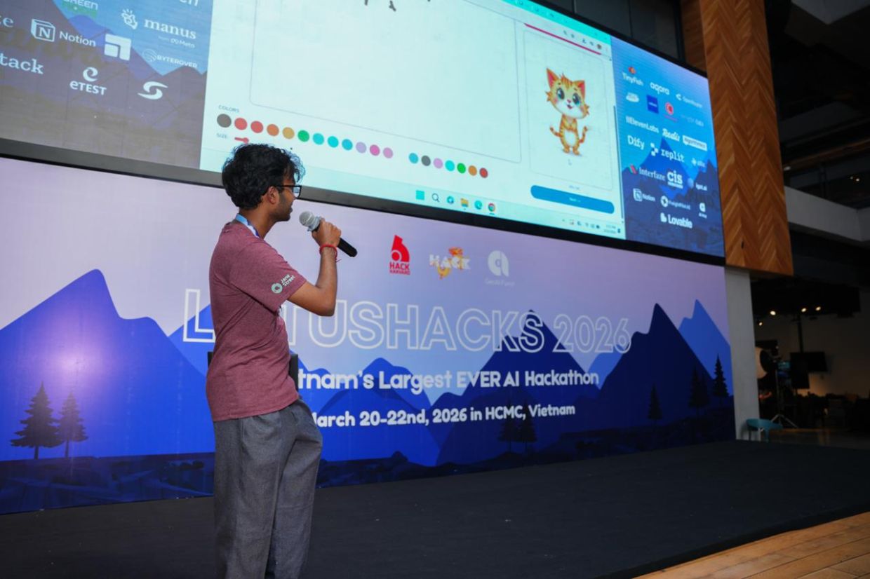 Muthuraman, who has won more than 16 competitions across South-East Asia and the United States over the past two years, delivers his team's winning pitch at LotusHacks 2026 in Ho Chi Minh City, Vietnam, the country's largest student-led AI hackathon.