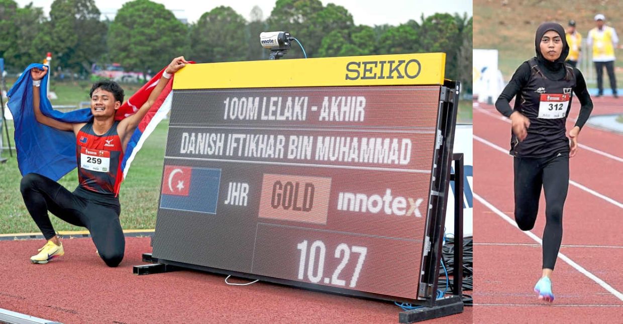 Unstoppable: Johor’s Danish Iftikhar Mohd Roslee posing after winning the 100m event. Right: Terengganu’s Izzatul Musfirah Kamal Azira. — MUHAMAD SHAHRIL ROSLI/The Star