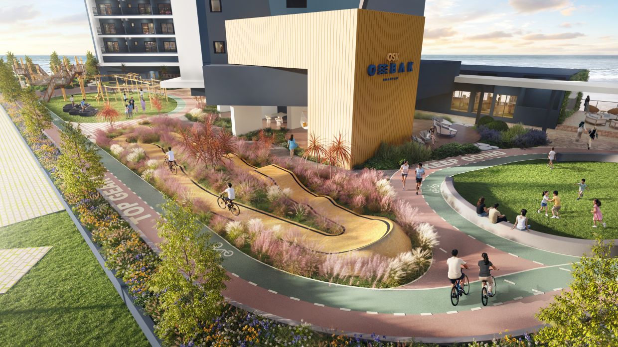 The Wave Rider Bicycle Trail located at Level 8, featuring landscaped surroundings with Children’s Playground, Ninja Park obstacle course and Beanie Lawn.