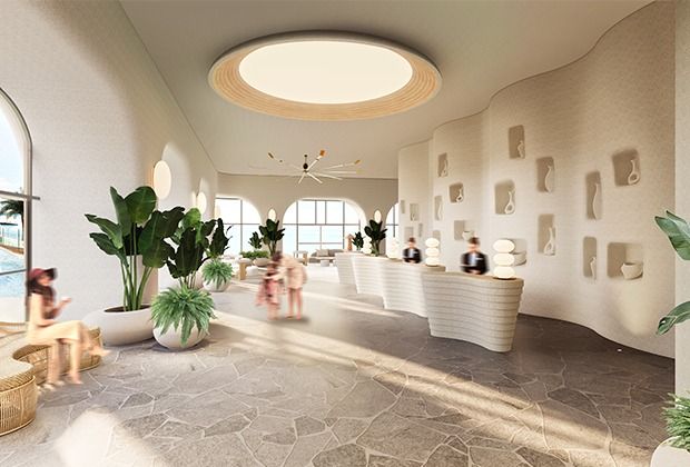 OSK Ombak’s Mediterranean-inspired lobby overlooking the Aegan’s fall cascading pool.