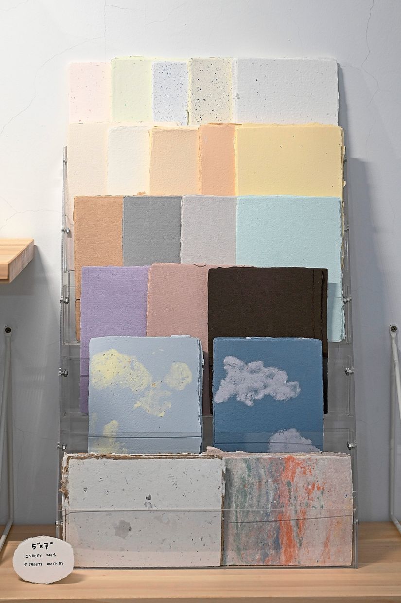 Some of the paper items handmade by Soo and Lee using discarded materials.