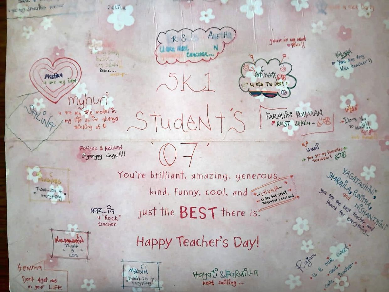Among the cards the writer has received from her students over the years.