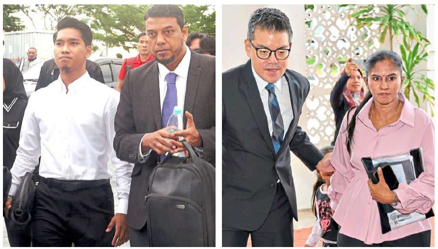 High-profile case: Muhammad Shah Idham (in white) and Roghini (in pink) arriving at the Sessions Court in Klang. — KK SHAM/The Star
