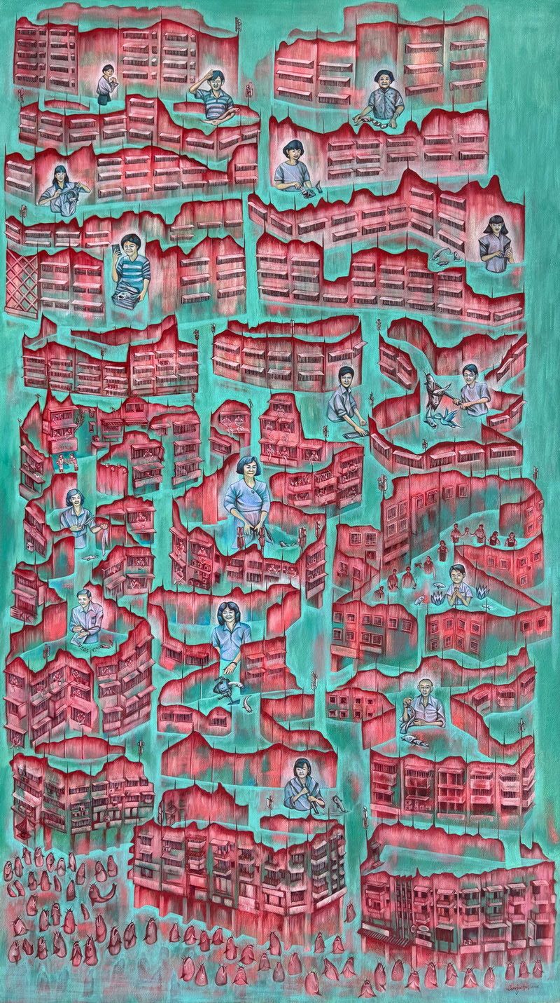 Gan Sze Hooi’s 'The Land Of Ikan Keli' (oil on canvas, 2026) draws from personal memories of growing up in Kuala Lumpur, particularly around Pudu, Petaling Street and the riverside where the artist spent his childhood. Photo: G13 Gallery