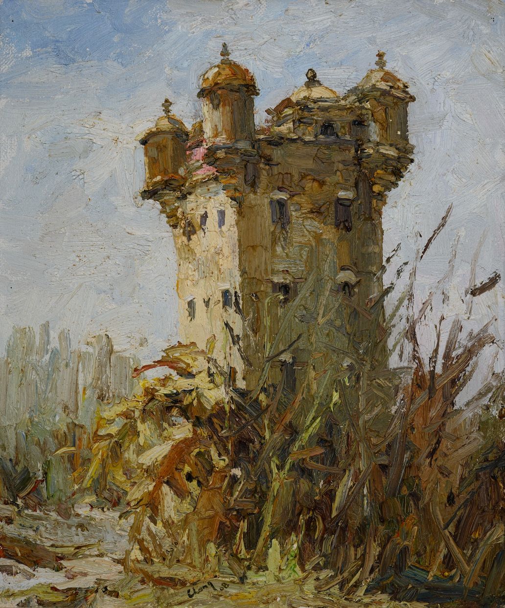 Chong's painting 'Kai Ping Diaolou (Fortified Towers)', a work from his China series, exploring heritage sites. Photo: Chong Hon Fatt