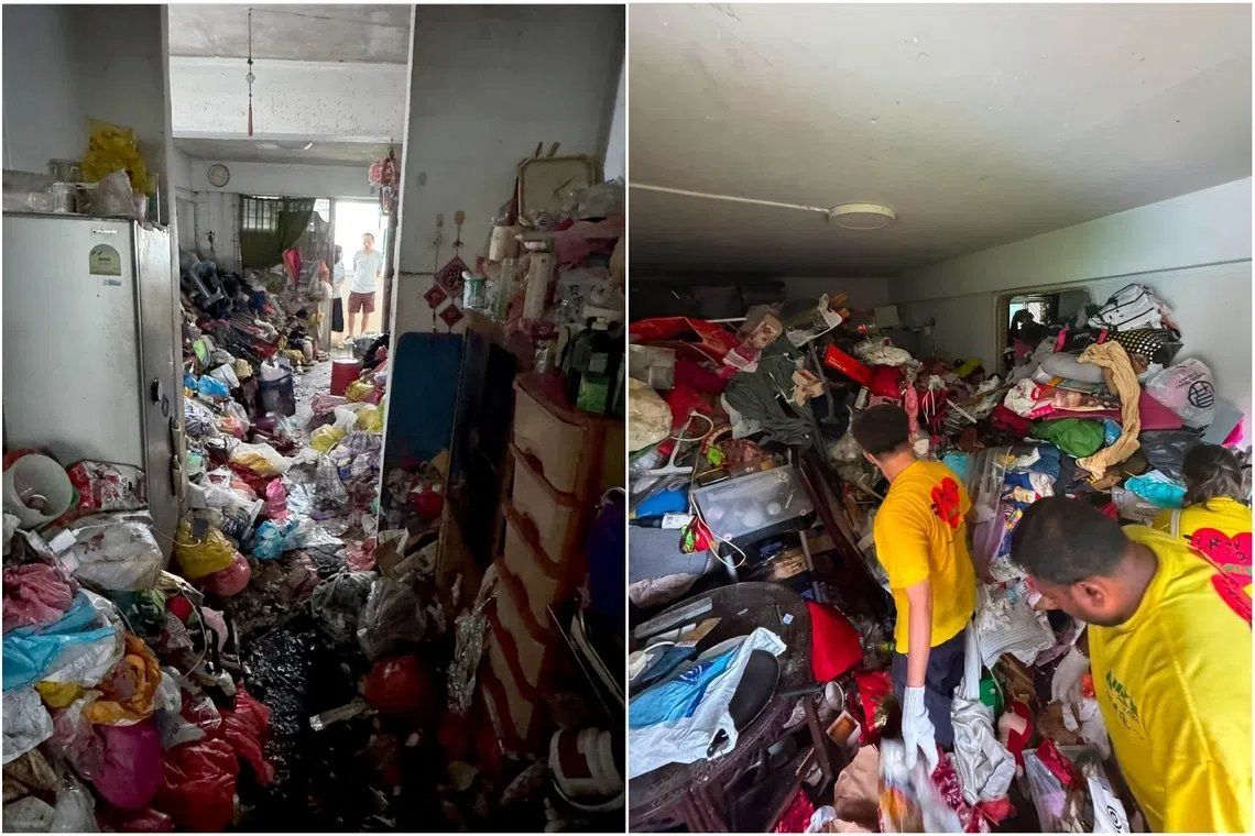 Hoarding cases in Whampoa Drive (left) and in Clementi. Even if there is a fire evacuation plan, escape routes can be blocked by clutter or discarded items. - Photos: AMKSS SOCIAL MOVE/Facebook