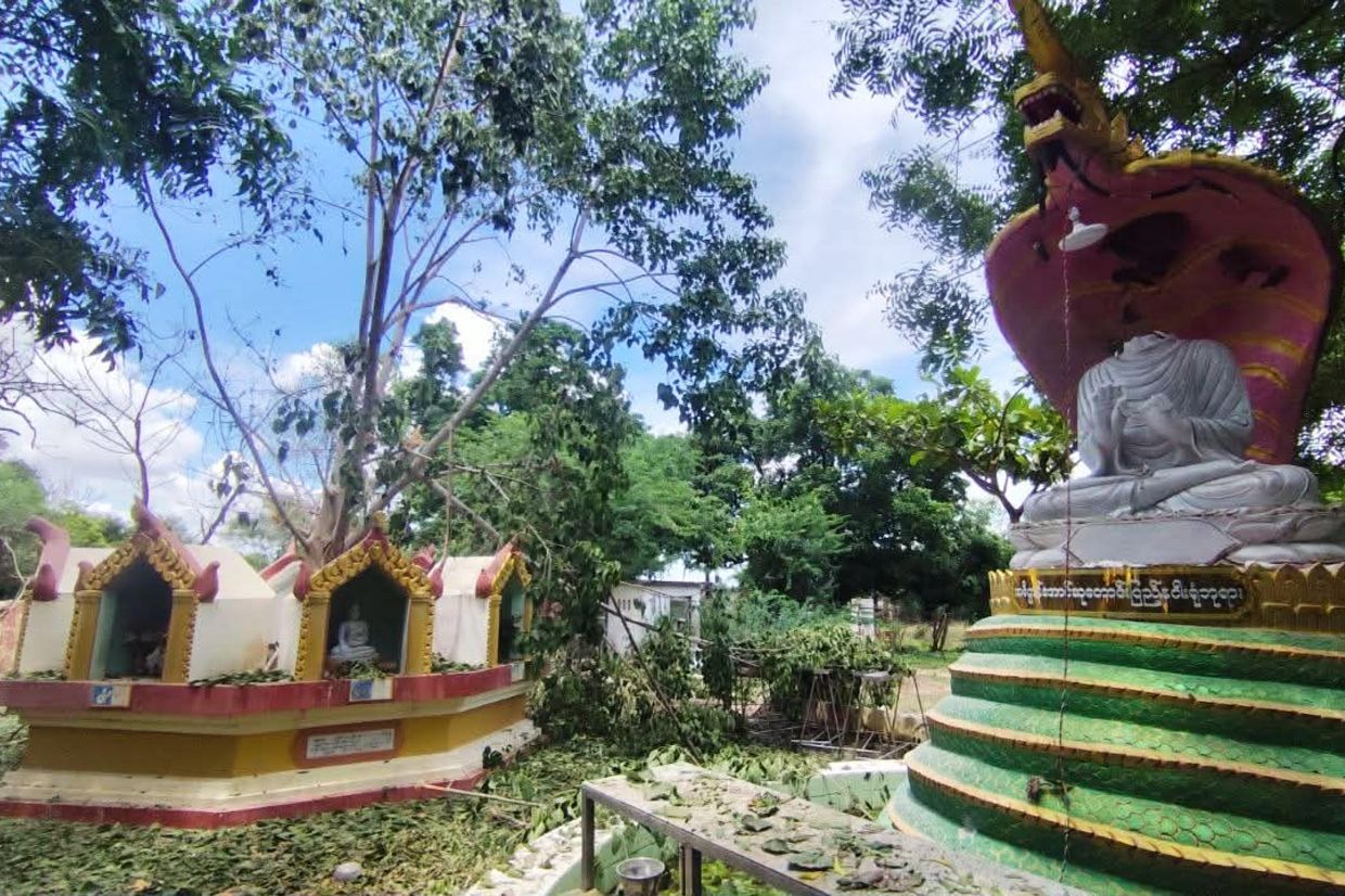 Debris litters a Buddhist monastery after an airstrike hit Swel Le Oh village in Myaung Township, Sagaing Region, Myanmar, on Friday, Aug. 21, 2026. -- Ko Nway Oo via AP