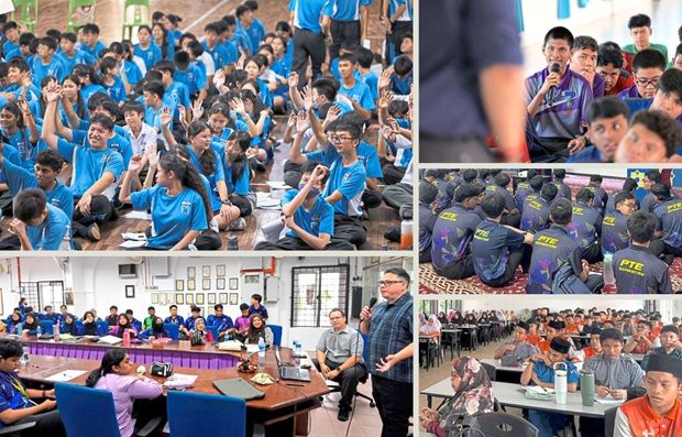 On the alert: Students taking part in the media literacy roadshow conducted by Cheah (seated) and Niklas (speaking) at (clockwise from top left) SMJK Katholik, SMK Taman Tun Dr Ismail, Kolej Tingkatan Enam Gombak, SMAPK and SMK Maxwell.
