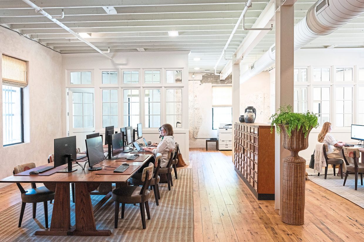 The ‘study’ area of the new headquarters of Garden & Gun magazine, which moved into the Old City Jail in Charleston.