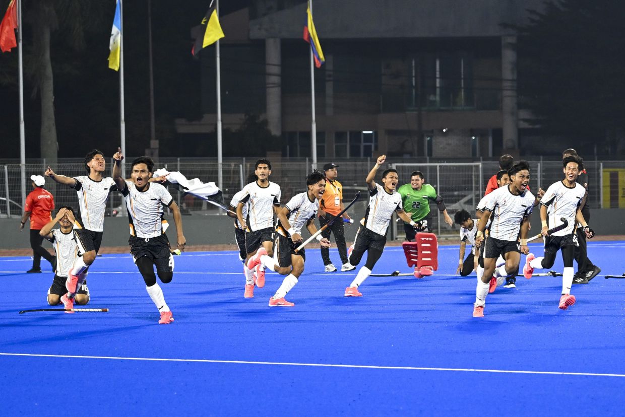 Pahang players celebrating after winning against Penang in the hockey men's Sukma final. — IZZRAFIQ ALIAS/The Star