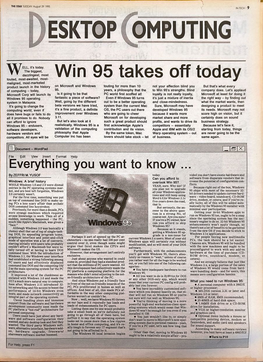In Malaysia, Windows 95 was launched on Aug 29. — The Star
