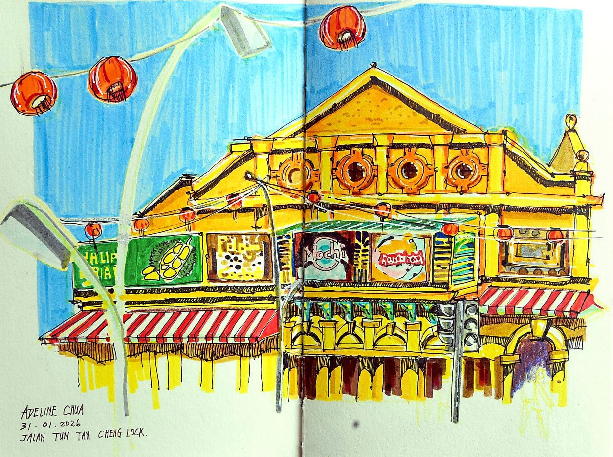 Chua’s latest work is of a row of pre-war shophouses along Jalan Tun Tan Cheng Lock in Kuala Lumpur.