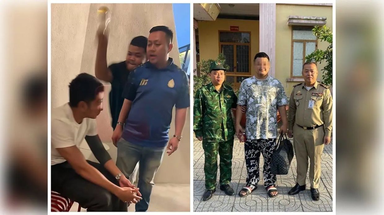 Suspect Chheng Pharun (in black) strikes the victim in the head with a bottle/Vietnamese authorities hand the suspect over to their Cambodian counterparts. - Photo: Supplied