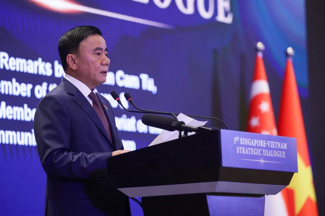 Permanent member of the Communist Party of Vietnam Central Committee Secretariat Tran Cam Tu delivering his speech during the inaugural Singapore-Vietnam Strategic Dialogue on Aug 25. - Photo: ST