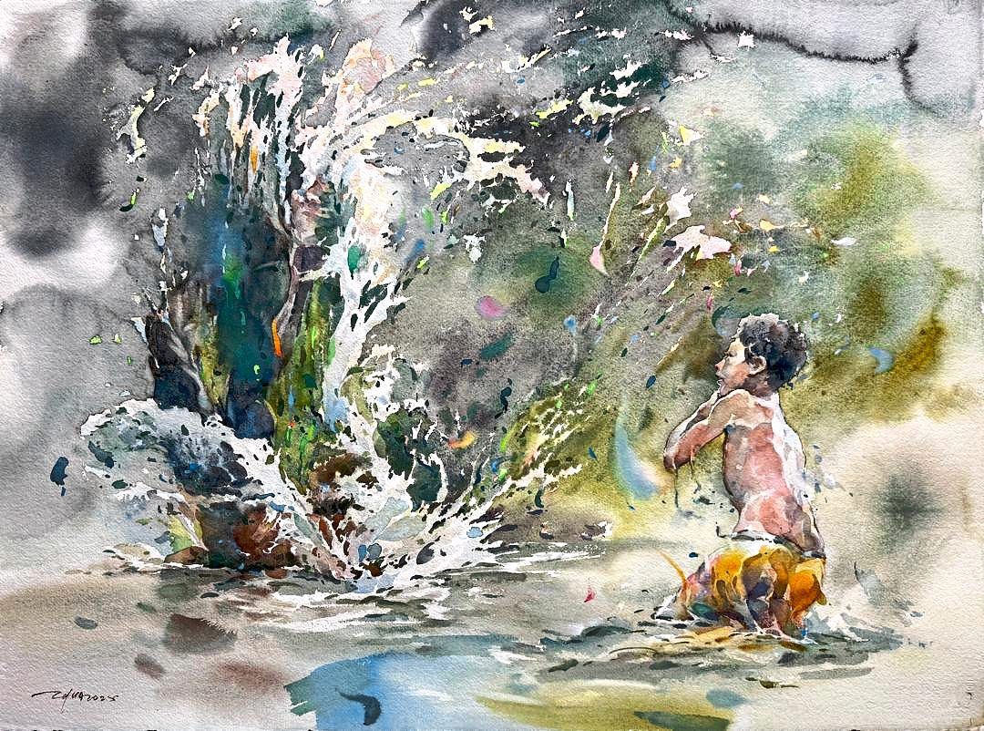 Rivers have long fascinated Chua, as seen in 'Riverborn' (watercolour on paper, 2025). Photo: AweGallery