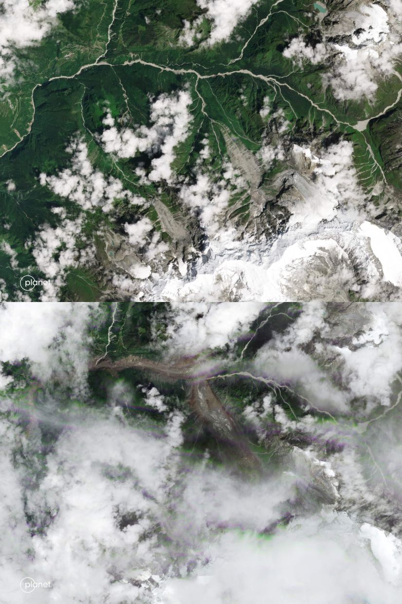 This combination of handout satellite images created on Aug 27, 2026 and released by Planet Labs shows an aerial view of Shyaphrubesi and the Bhote Koshi River before a massive flood on Aug 25, 2026 (top) and after the flood on Aug 26, 2026 (bottom). - AFP