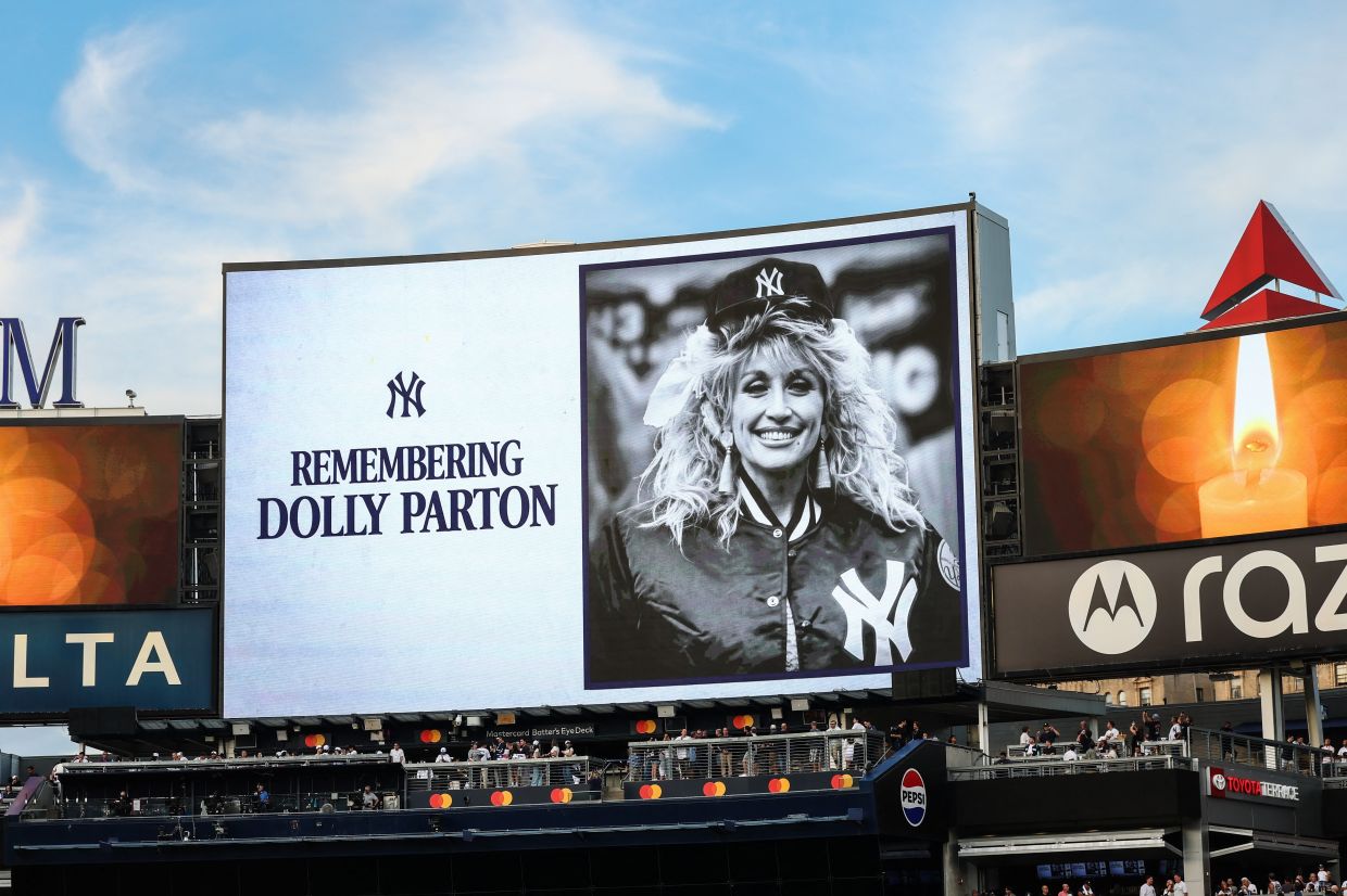 The main scoreboard honours country music singer and philanthropist Dolly Parton before the game between the New York Yankees and the Houston Astros at Yankee Stadium. Photo: Vincent Carchietta/Imagn Images