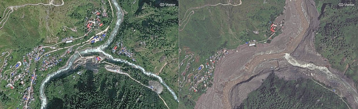 Before and after: This combination of handout satellite images released by Vantor showing (left) a satellite image taken on Oct 18, 2023 of the mountain village of Syapru Besi in the Rasuwa District of northern Nepal before flooding and (right) a satellite image taken on Aug 27 after flash floods and landslides hit the area. — Vantor/AFP
