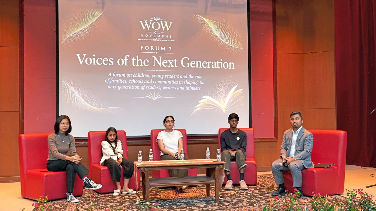 Panellists at the Voices of the Next Generation forum (from left) Natalia Cheong, Navnoor Kaur, Diya Aretha, Liam Ishan and moderator Hisham Hamzah sharing their perspectives on reading, writing and storytelling.