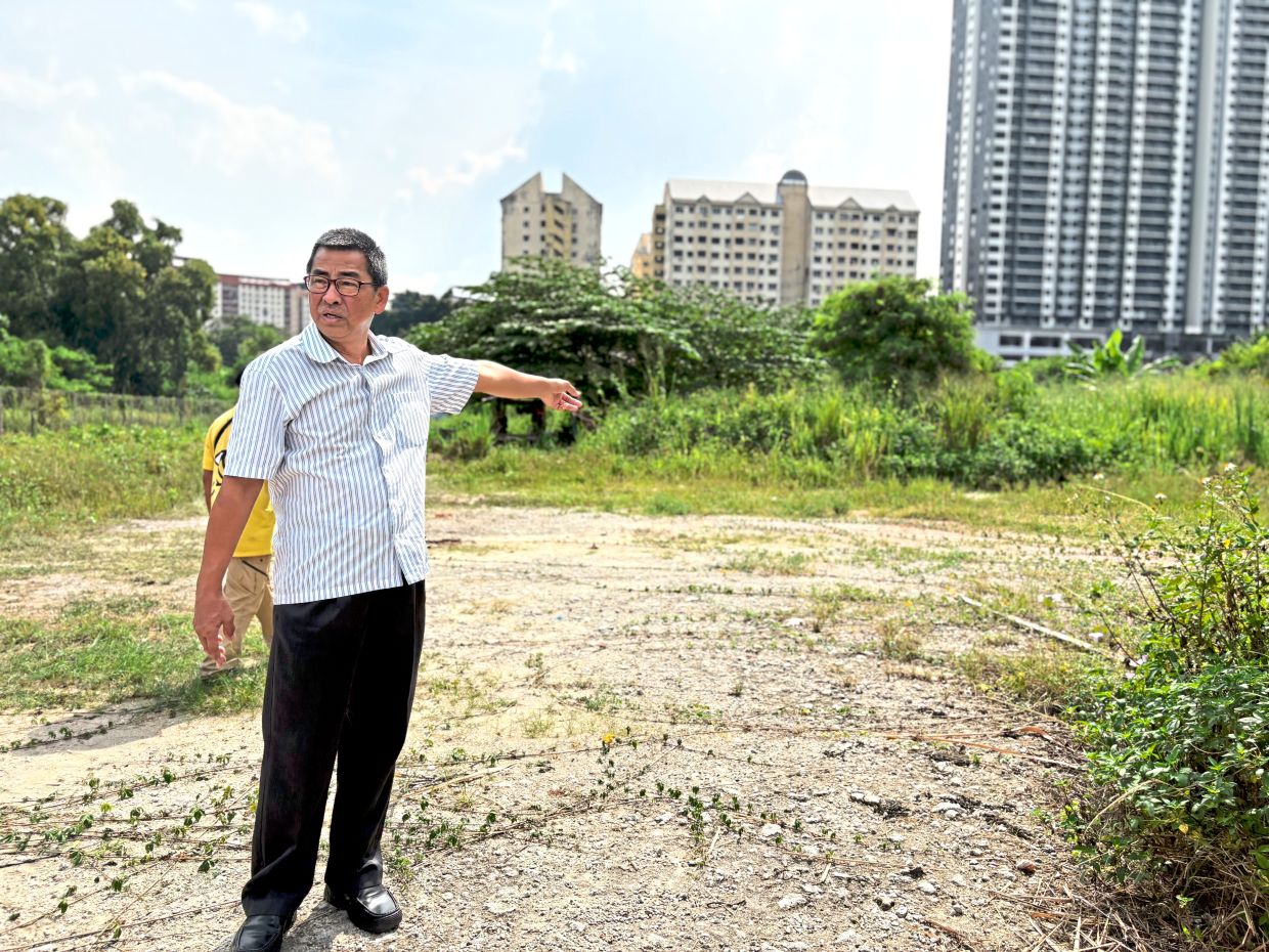Community activist Yee Poh Ping gestures towards the long‑delayed public park construction site.