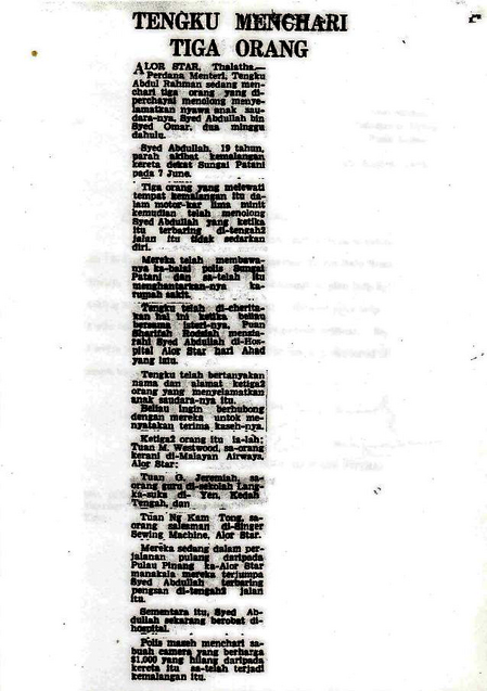 A newspaper clipping detailing Tunku's search to find the author and his two friends, who had helped his son.