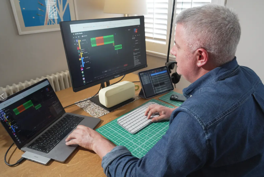 The musician edits audio at his home in London.