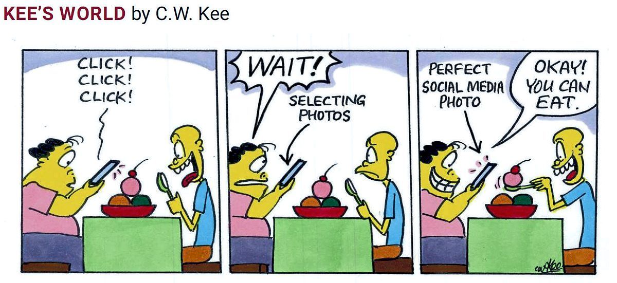 The trend of snapping food photos for social media before eating inspired this comic script.