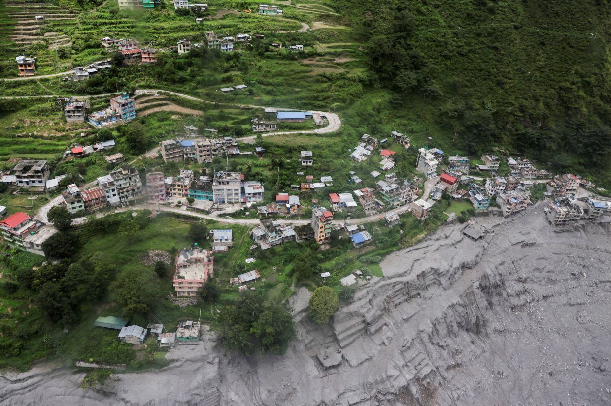 An aerial view shows widespread destruction in Syafru following the deadly flash floods and mudslides in Rasuwa, Nepal, Sept 3, 2026. - Reuters