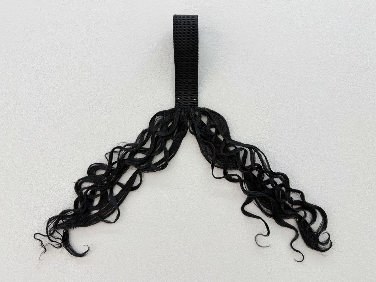 Umar Sharif's 'Dandanan Study I' (polypropylene school belt, dimensions variable, 2026). Photo: The Back Room
